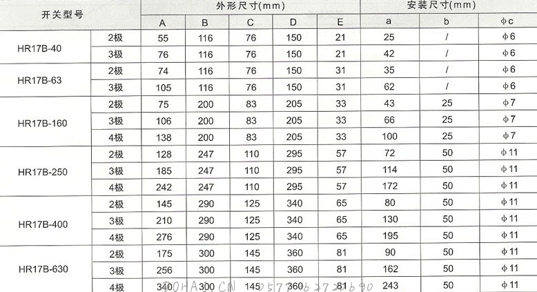 HR17B-40~630A固定式外形与安装尺寸