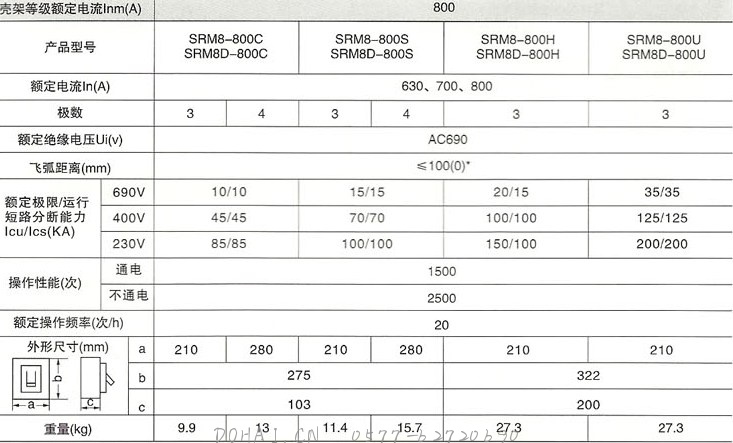 DHM8系列塑料外壳式断路器800的主要技术参数