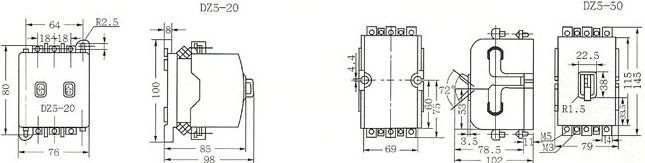 DZ5系列塑料外壳式断路器的外型及安装尺寸