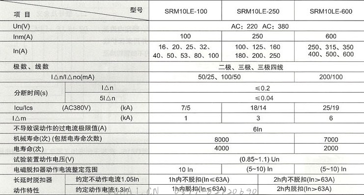 SRM10LE系列漏电断路器的主要技术性能