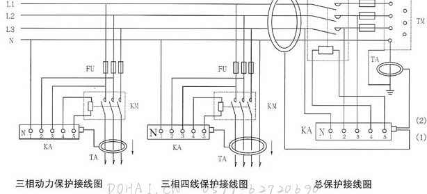 JD88鉴相鉴幅无声运行漏电继电器的三相接线图、总接线图