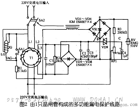 由1只晶闸管构成的多功能漏电保护线路 由1只晶闸管构成的多功能漏电保护线路